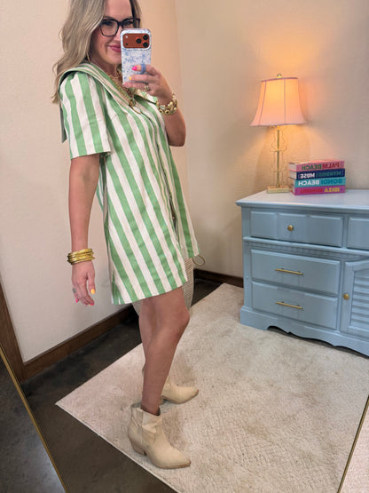 Green Stripe Short Sleeve Mini Dress