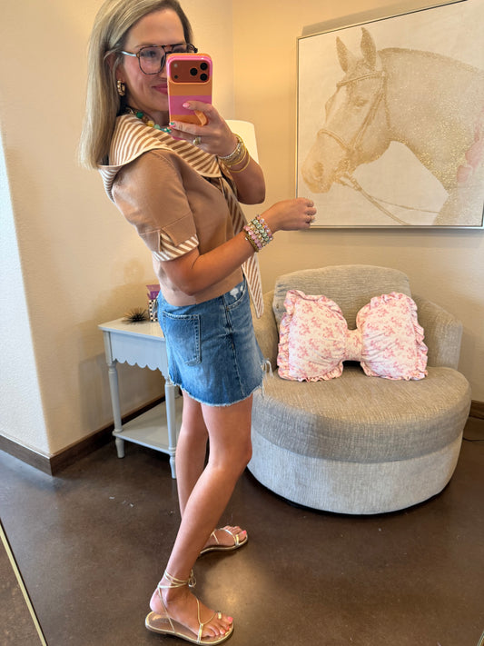 Light Camel Tie Neck Short Sleeve Sweater