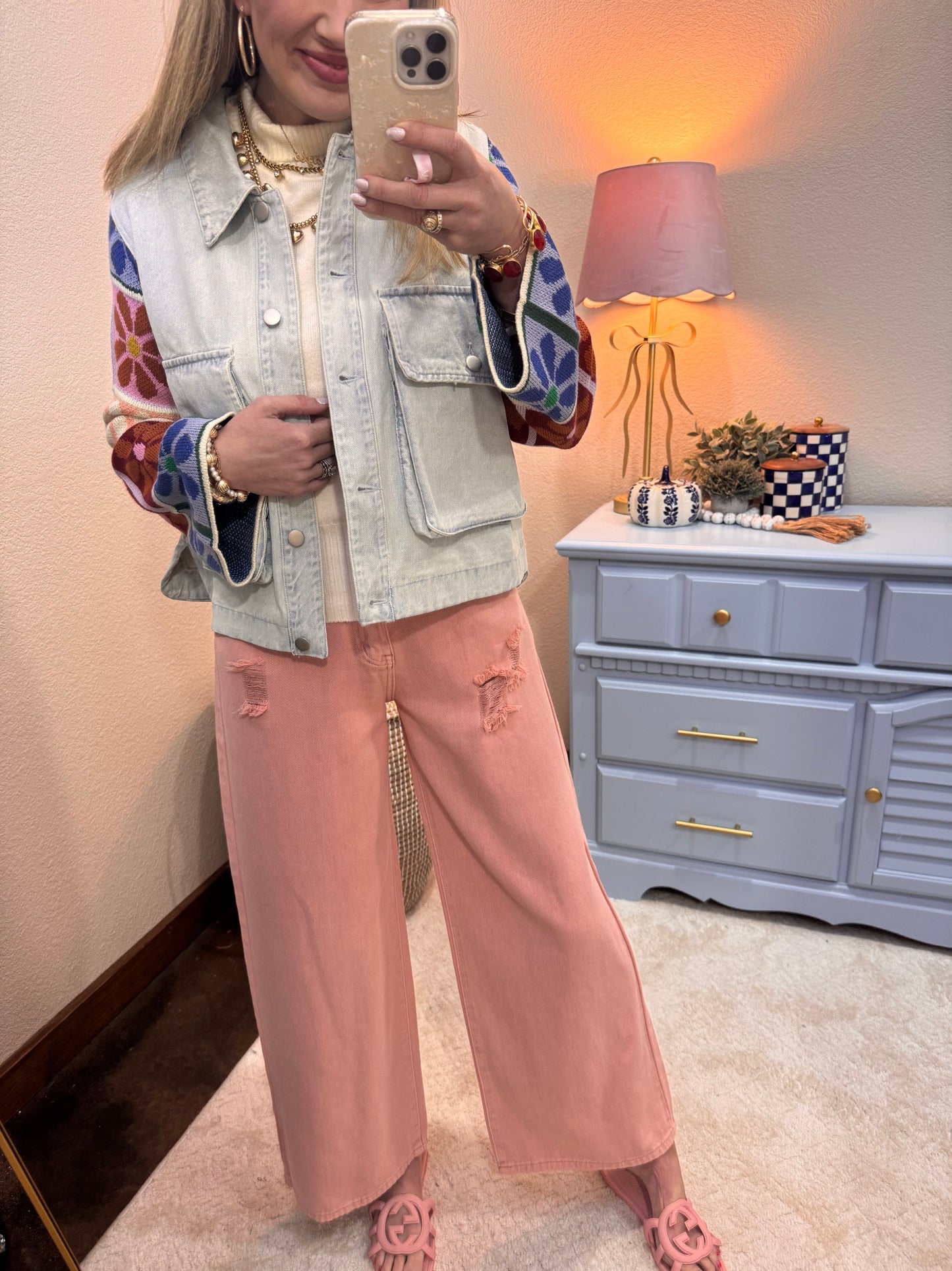 Crochet Sleeve Denim Jacket