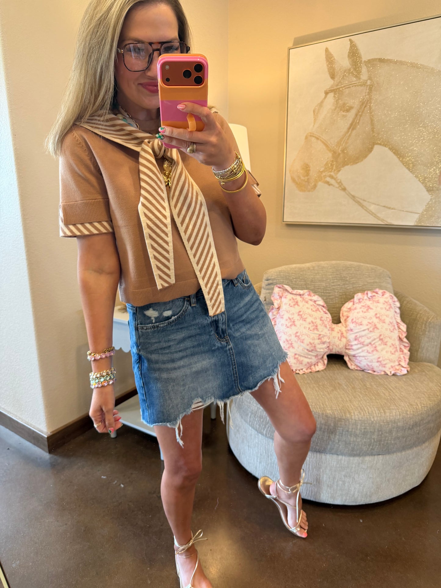 Light Camel Tie Neck Short Sleeve Sweater