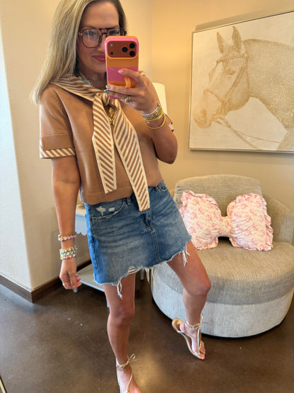 Light Camel Tie Neck Short Sleeve Sweater