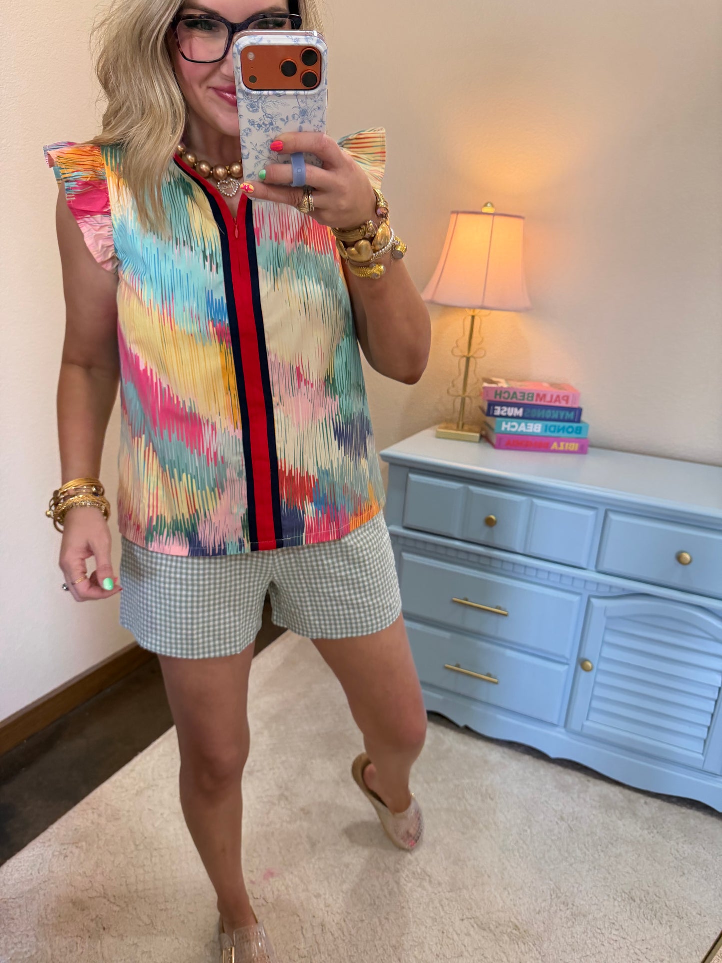 Striped Quarter-zip High Neck Ruffle Sleeve Top