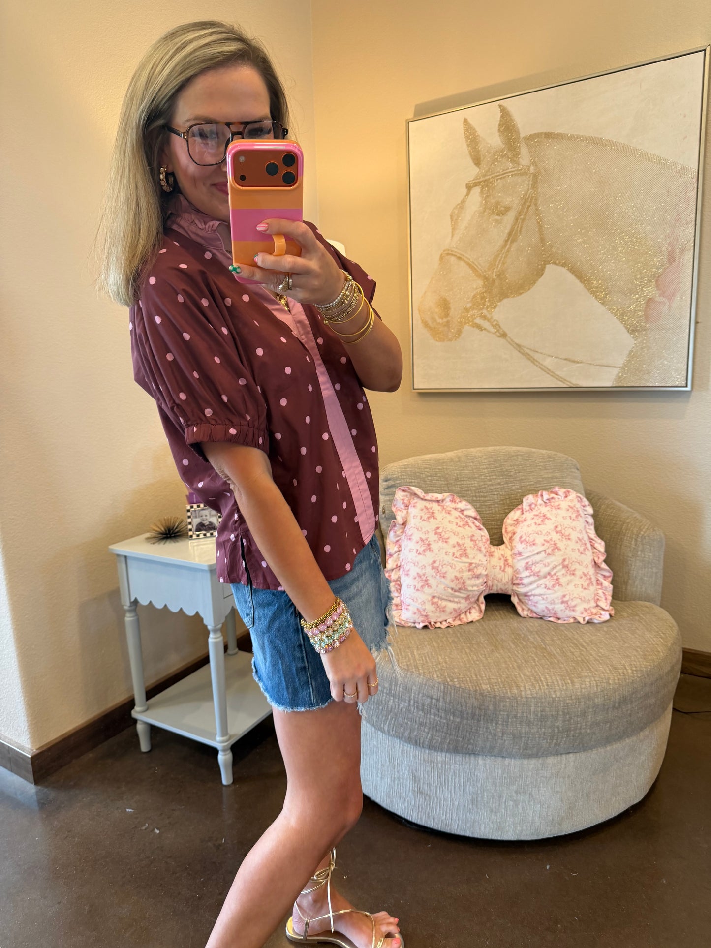 Burgundy Ruffle Neck Polka Dot Top