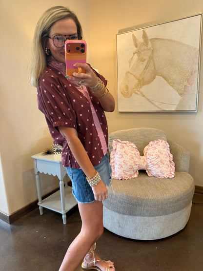 Burgundy Ruffle Neck Polka Dot Top