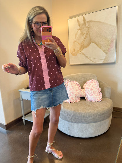 Burgundy Ruffle Neck Polka Dot Top