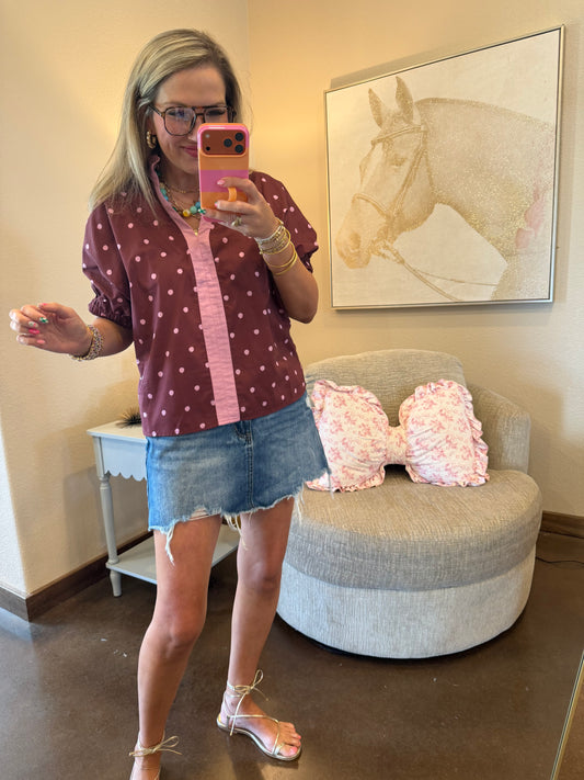 Burgundy Ruffle Neck Polka Dot Top