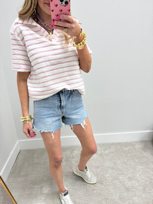 Pink and Cream French Terry Style Striped Vneck Collared Top