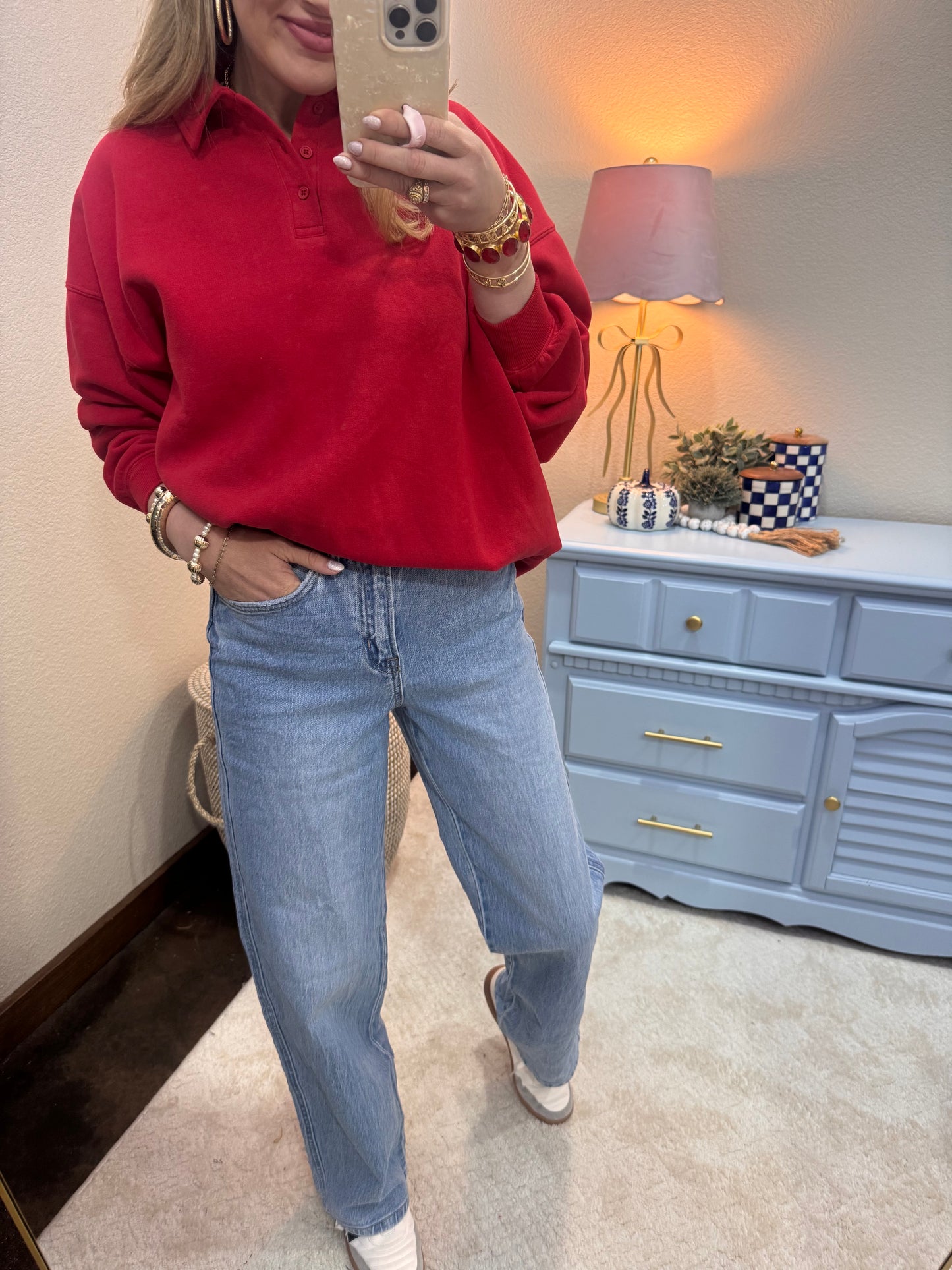 Red Oversized Polo Collared Pullover
