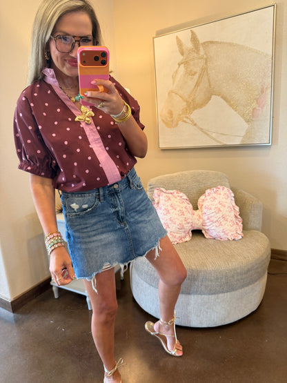 Burgundy Ruffle Neck Polka Dot Top
