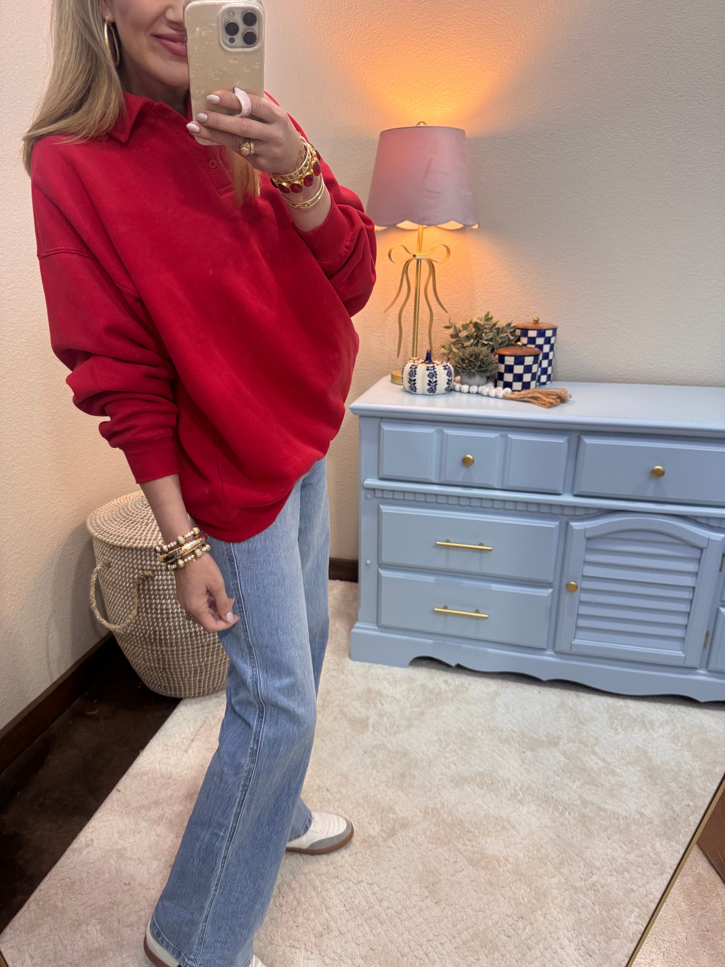 Red Oversized Polo Collared Pullover