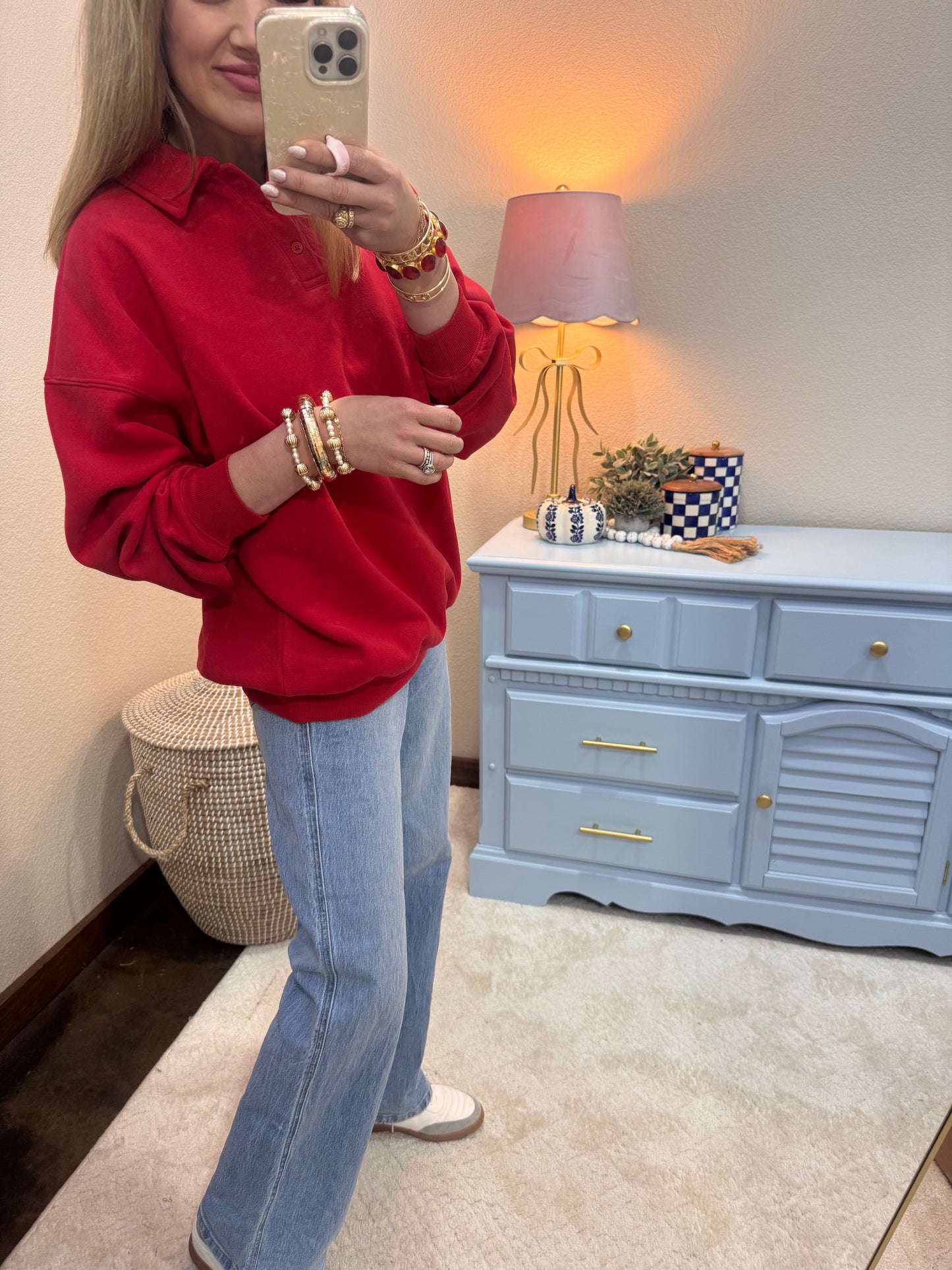 Red Oversized Polo Collared Pullover
