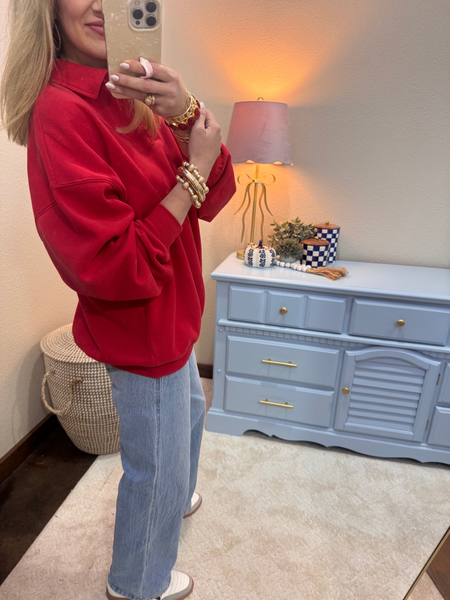Red Oversized Polo Collared Pullover