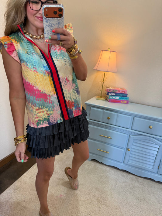 Striped Quarter-zip High Neck Ruffle Sleeve Top
