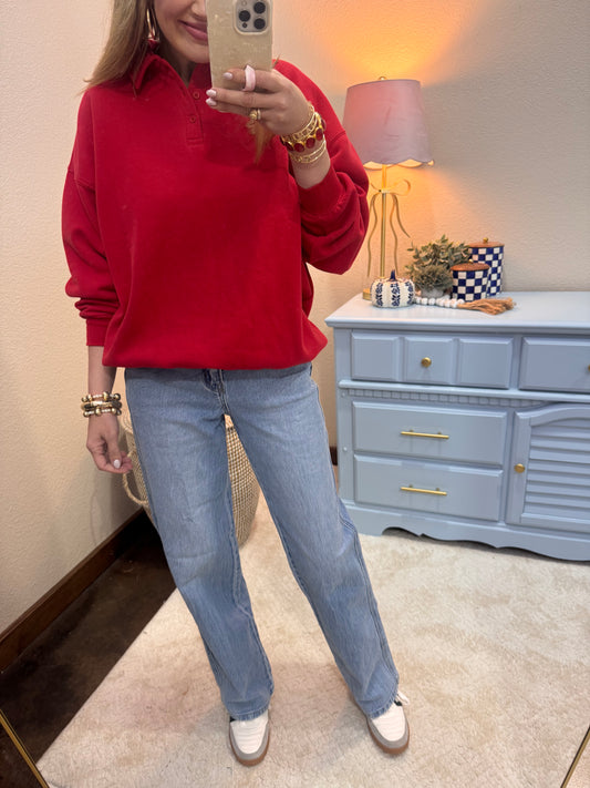 Red Oversized Polo Collared Pullover