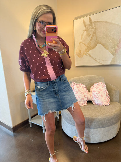 Burgundy Ruffle Neck Polka Dot Top