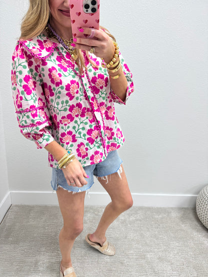 Pink and White 3/4 Scallop Trim Floral Top