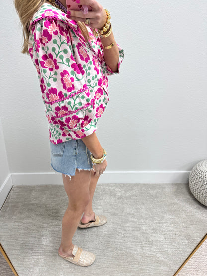 Pink and White 3/4 Scallop Trim Floral Top