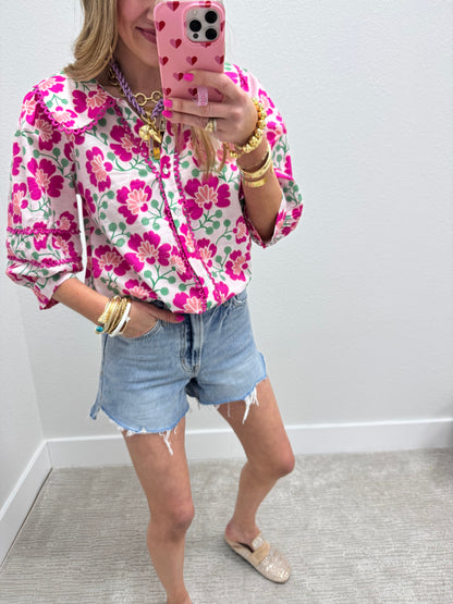 Pink and White 3/4 Scallop Trim Floral Top
