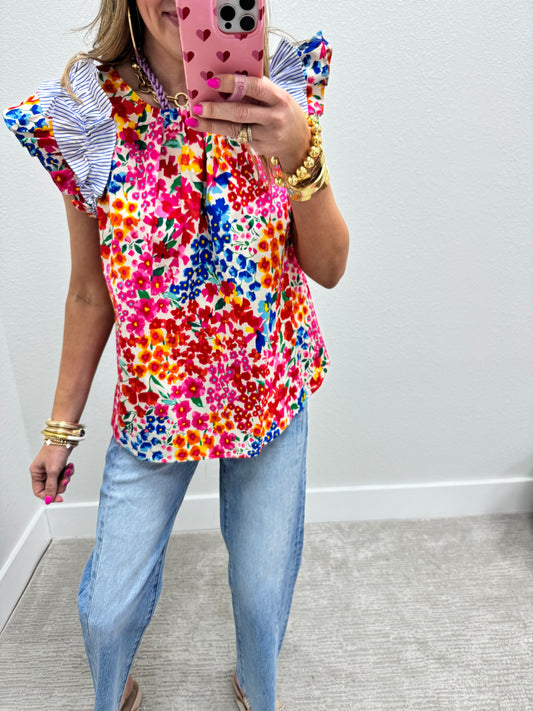 Blue Multi Stripe and Floral Top