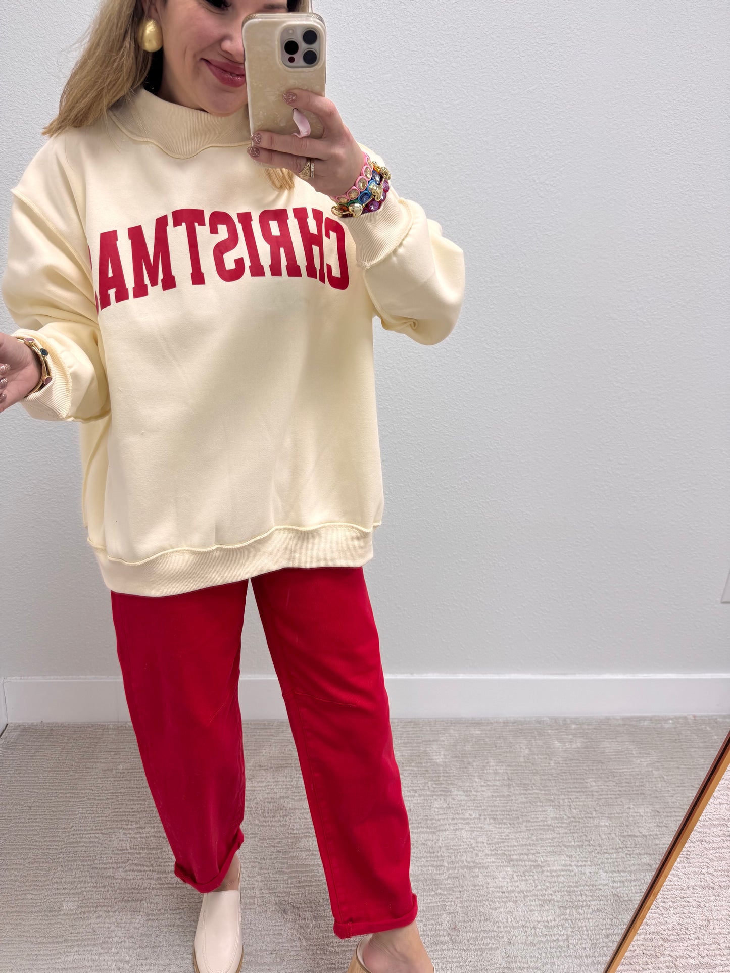 Cream Merry & Christmas Reversible Mock Neck Pullover