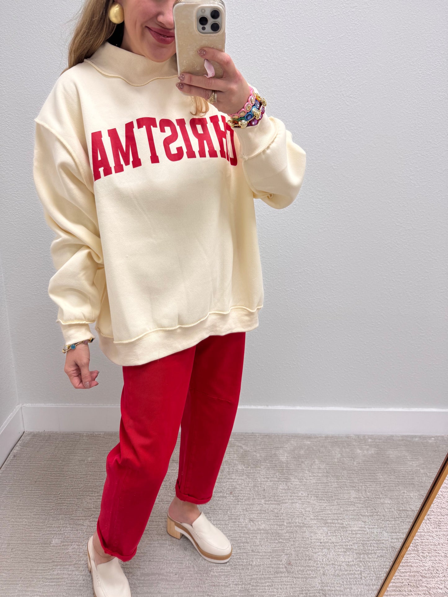 Cream Merry & Christmas Reversible Mock Neck Pullover