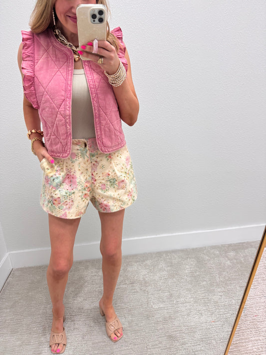 Cream Eyelet Denim Shorts with Floral Print