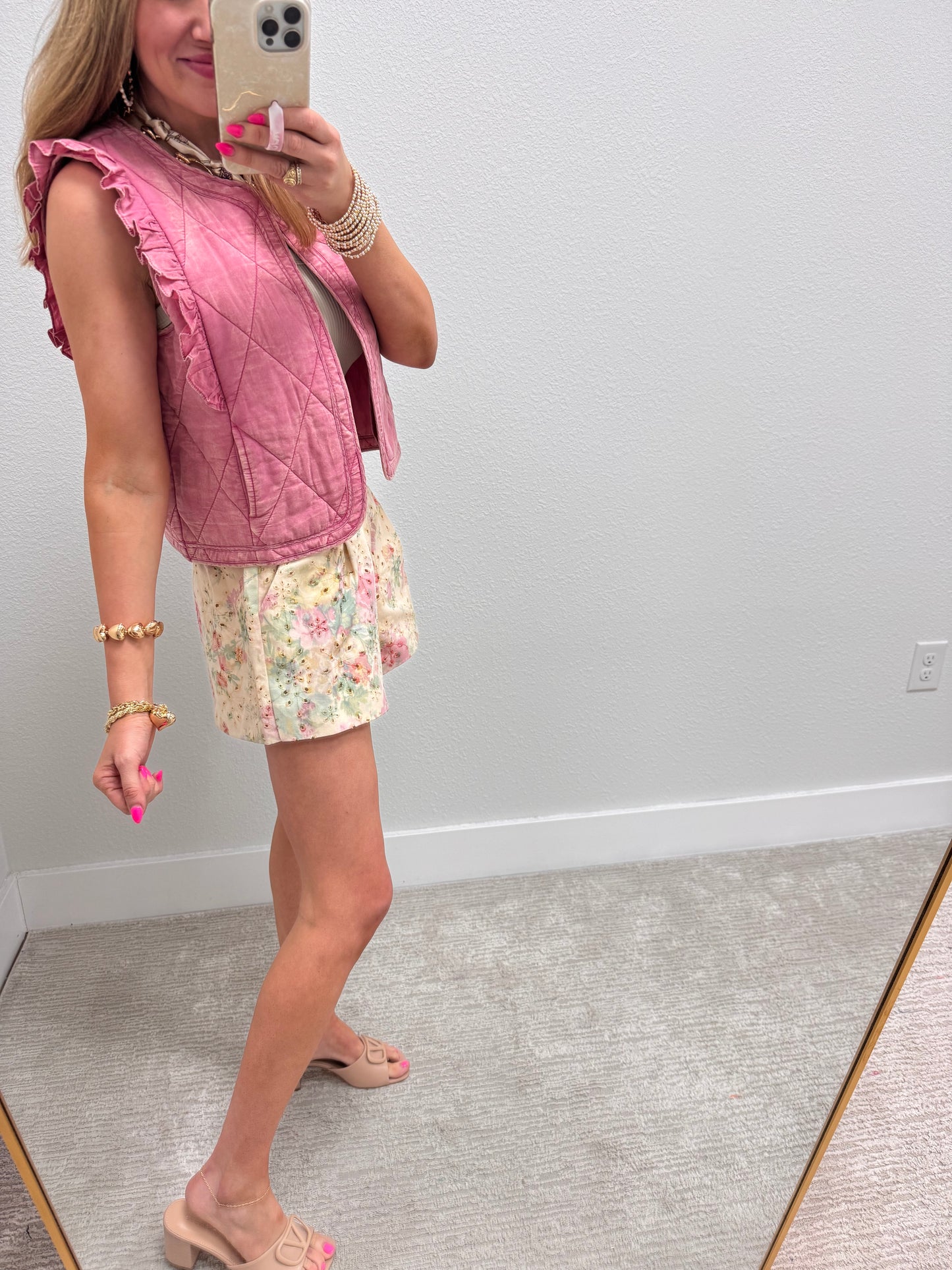 Cream Eyelet Denim Shorts with Floral Print
