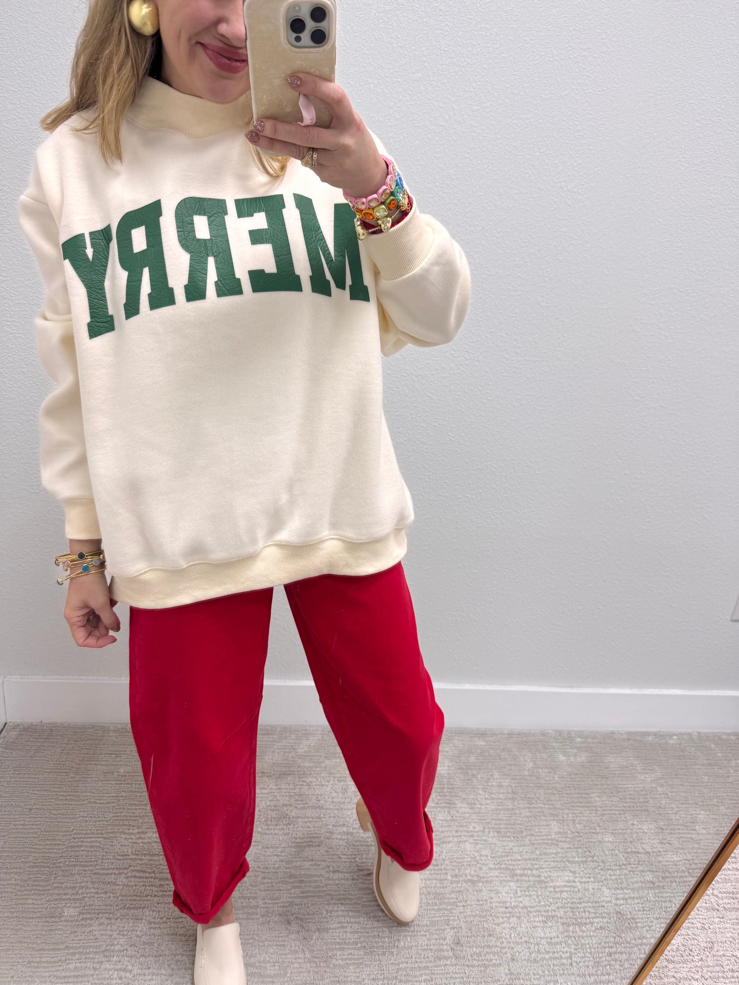 Cream Merry & Christmas Reversible Mock Neck Pullover