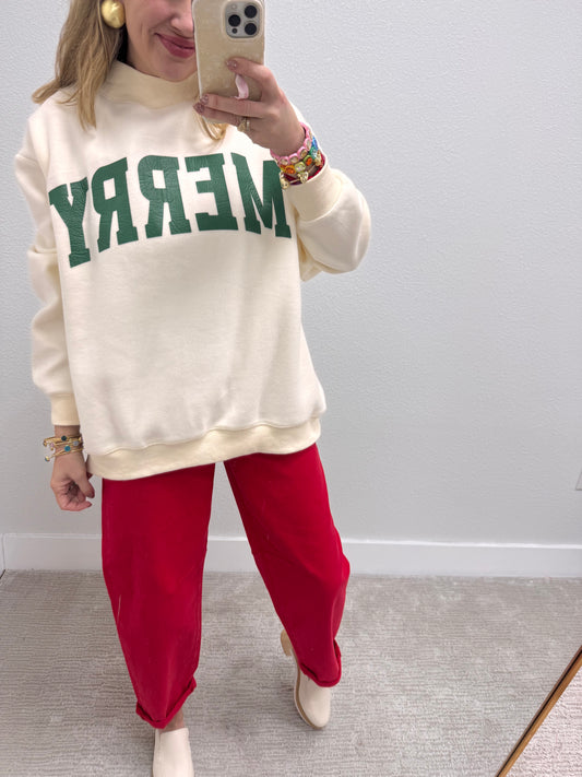 Cream Merry & Christmas Reversible Mock Neck Pullover