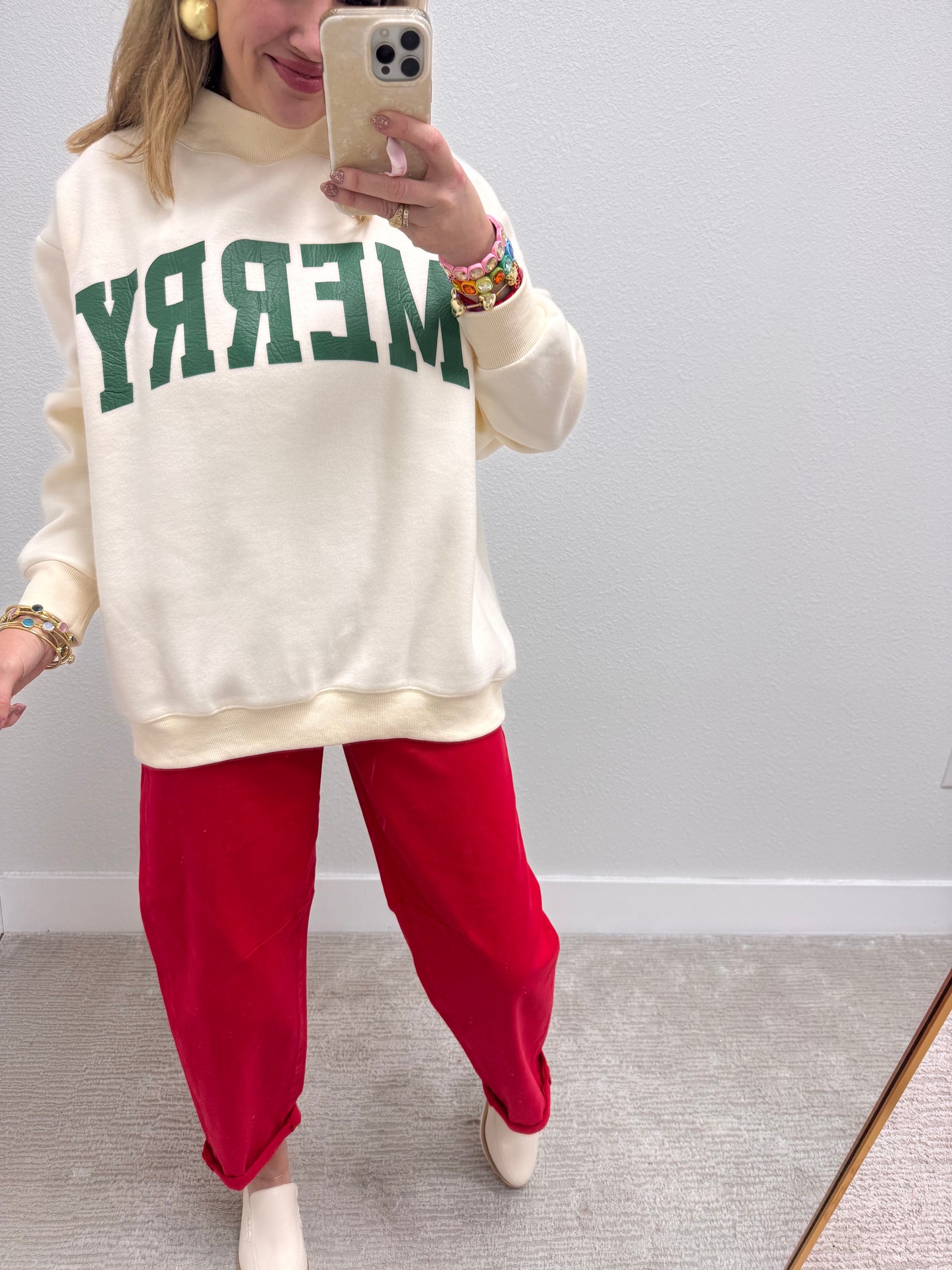 Cream Merry & Christmas Reversible Mock Neck Pullover