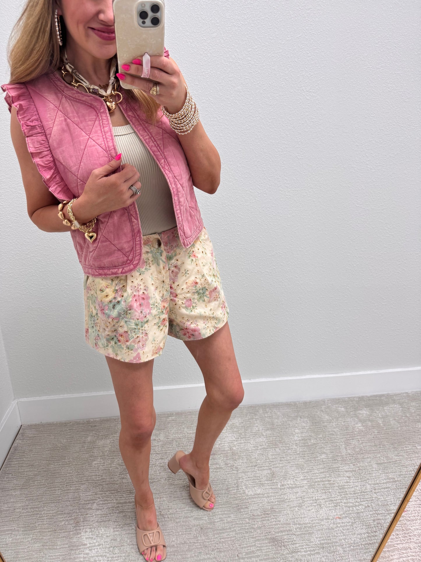 Cream Eyelet Denim Shorts with Floral Print