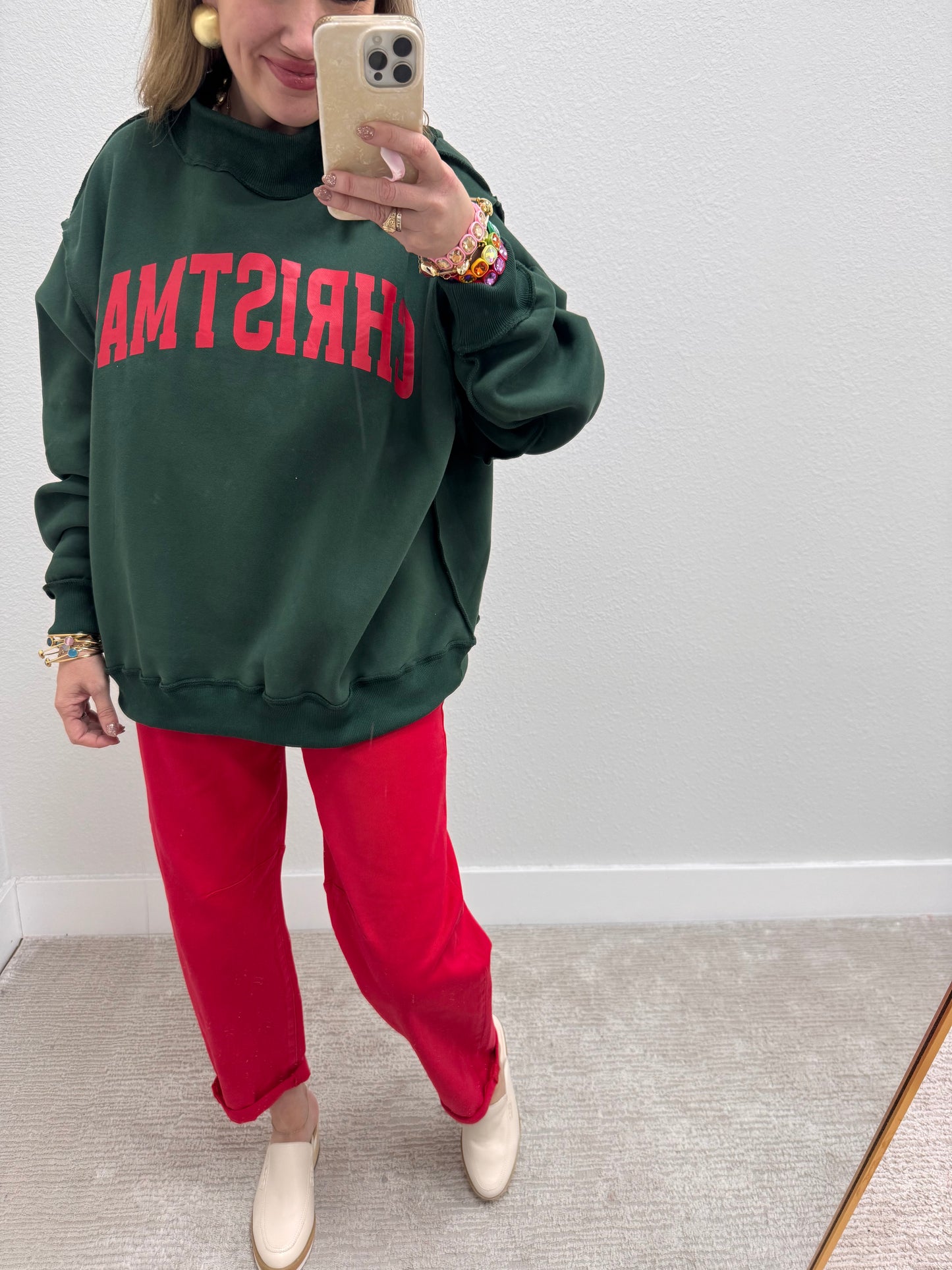 Green Merry & Christmas Reversible Mock Neck Pullover