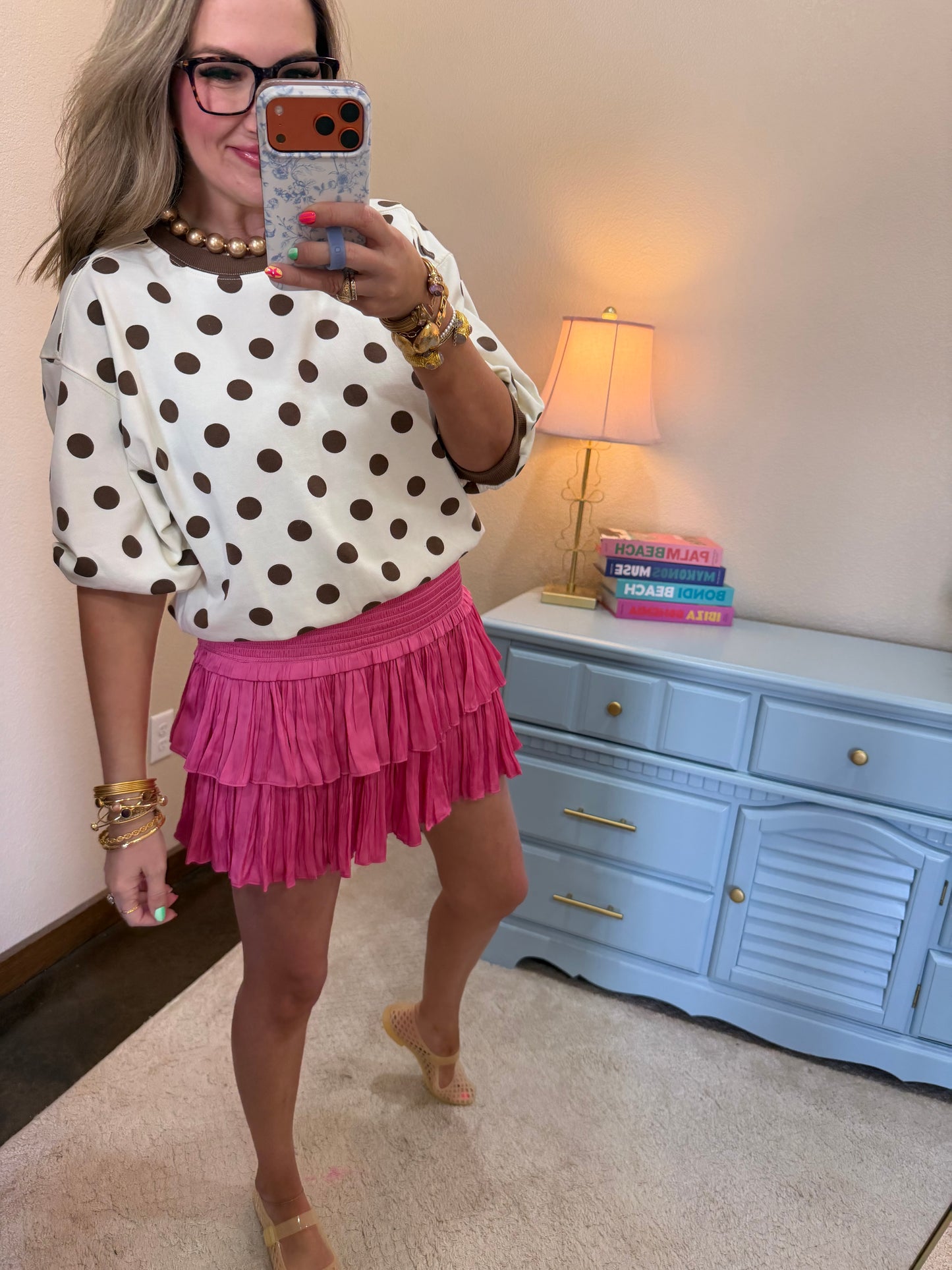 Beige Round Neck Bubble Sleeve Polka Dot Short Sleeve