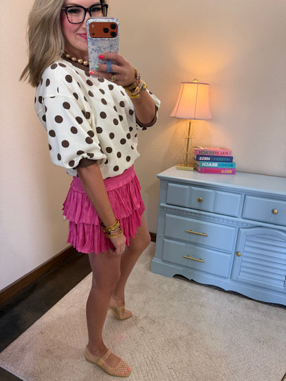 Beige Round Neck Bubble Sleeve Polka Dot Short Sleeve
