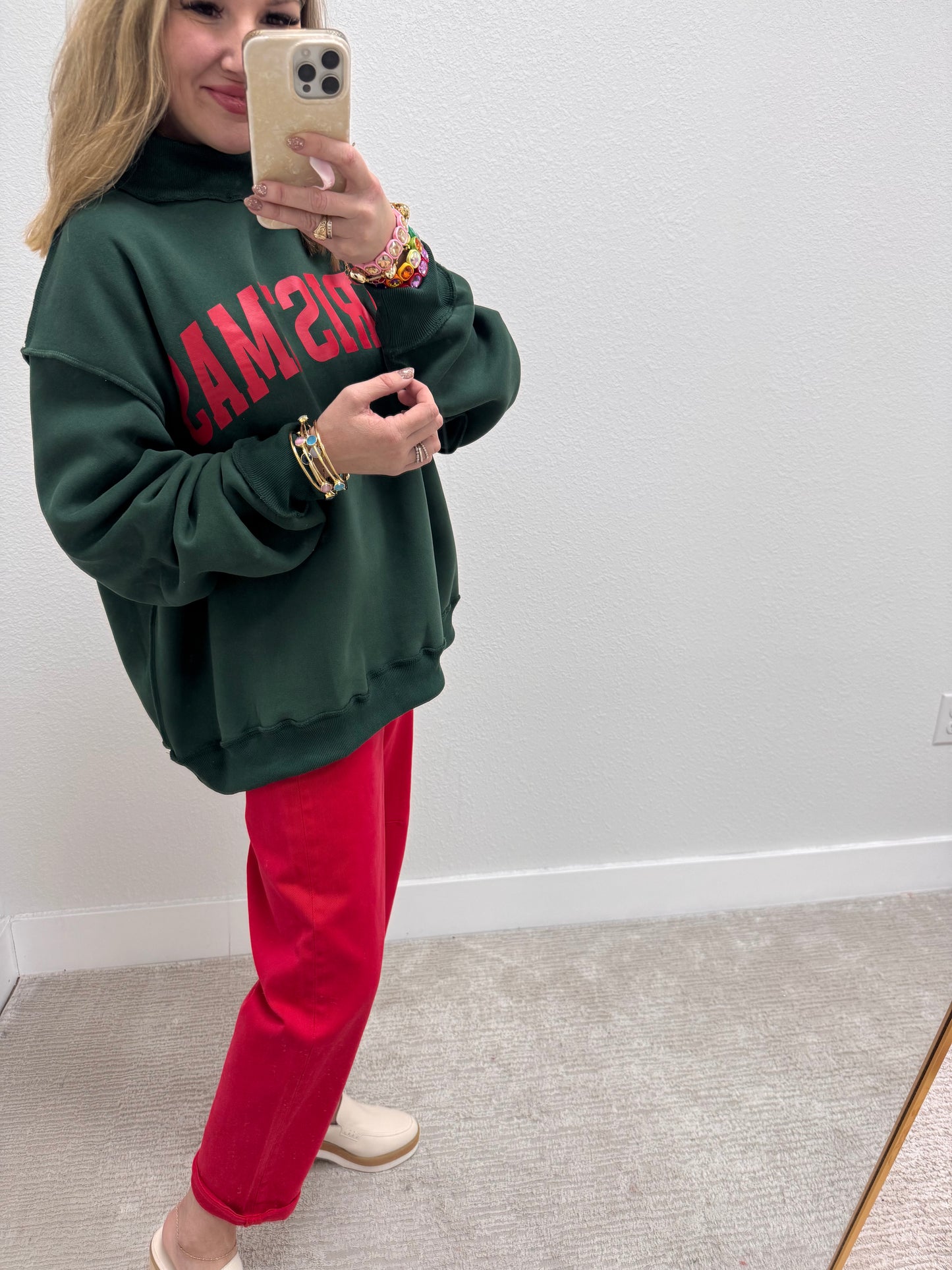 Green Merry & Christmas Reversible Mock Neck Pullover