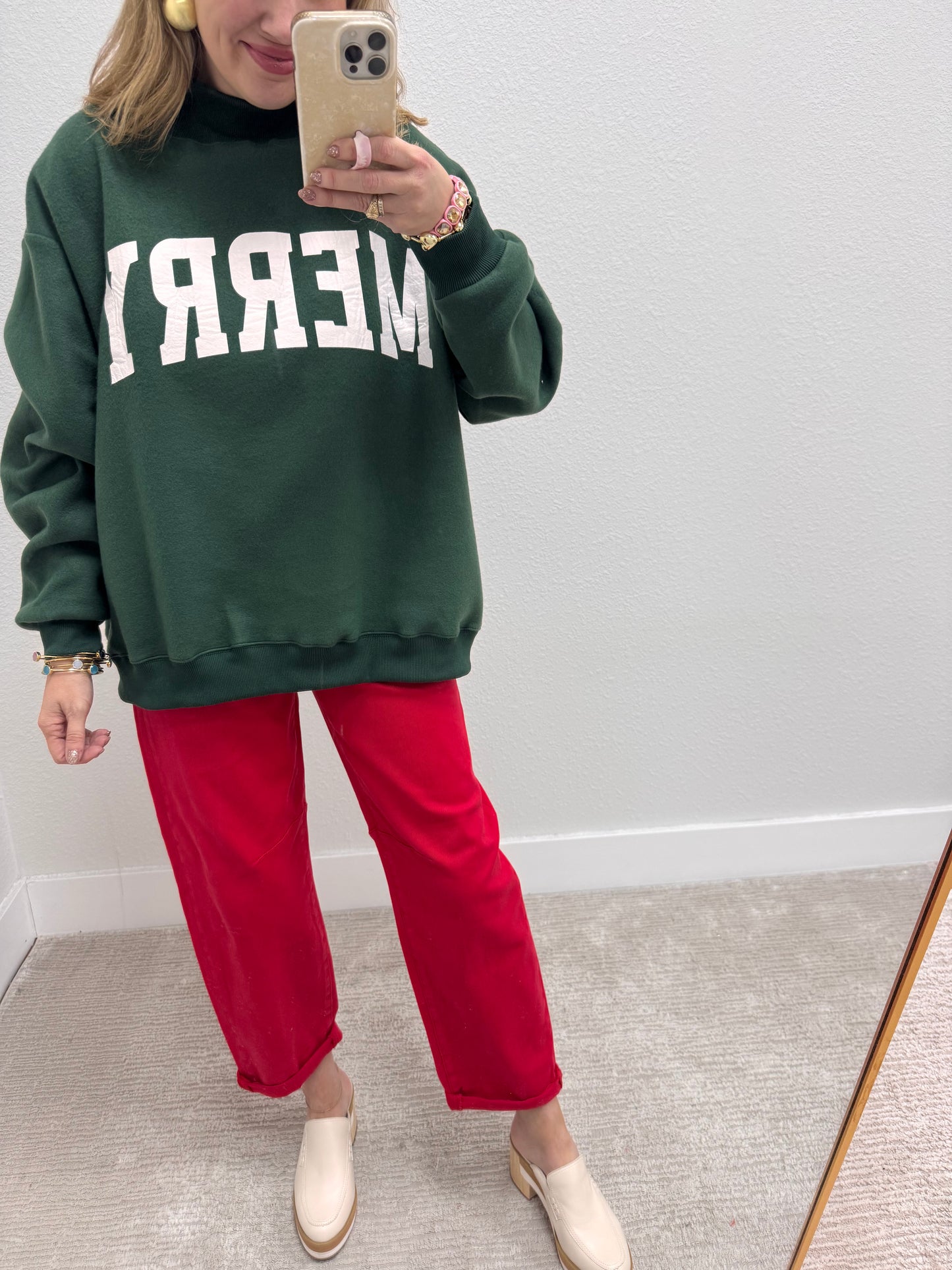 Green Merry & Christmas Reversible Mock Neck Pullover