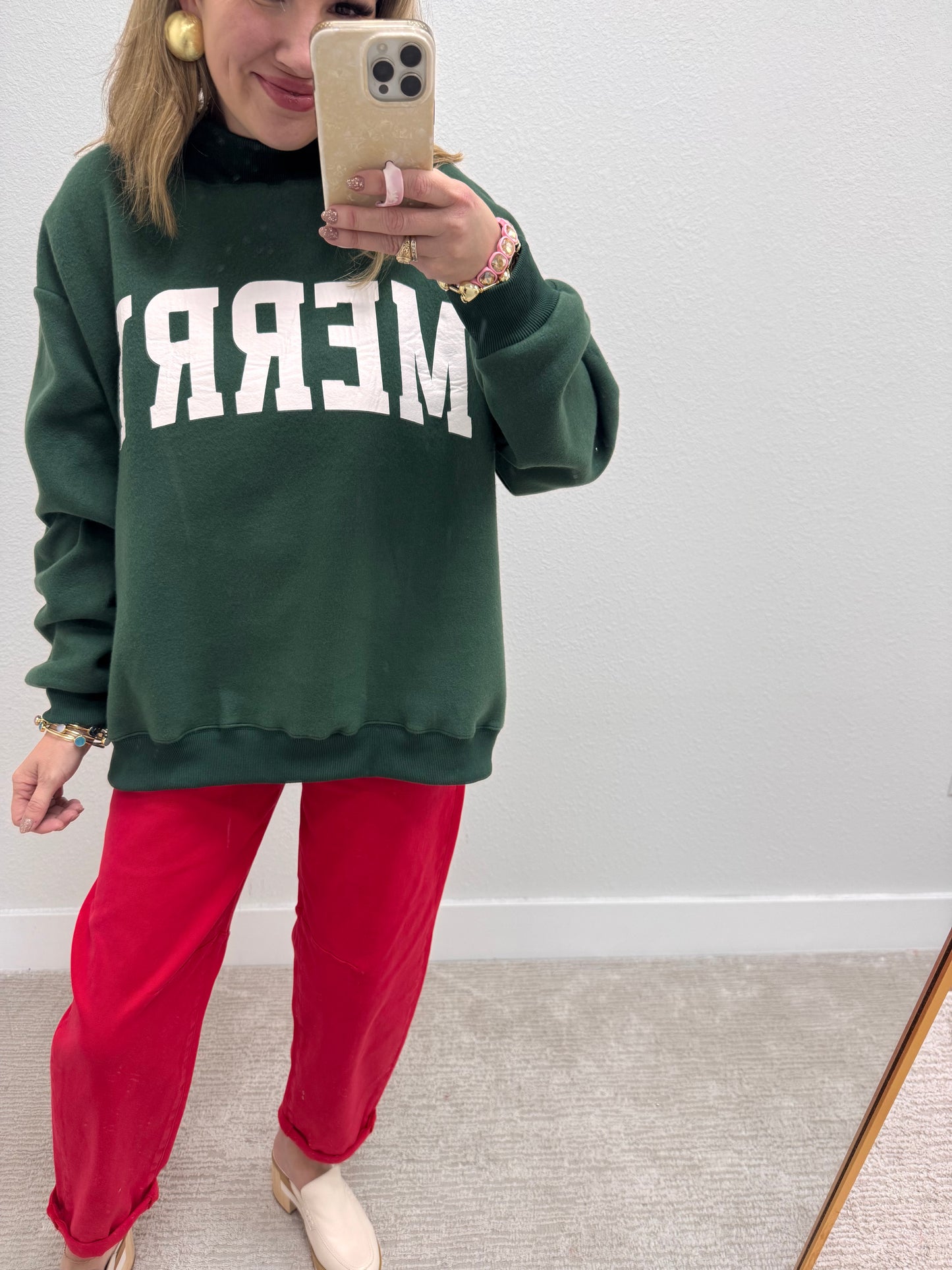 Green Merry & Christmas Reversible Mock Neck Pullover