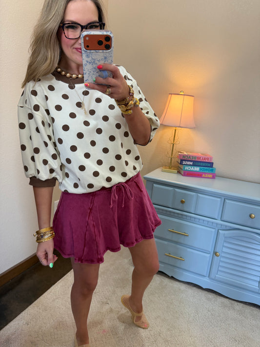 Beige Round Neck Bubble Sleeve Polka Dot Short Sleeve