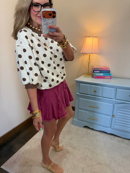 Beige Round Neck Bubble Sleeve Polka Dot Short Sleeve
