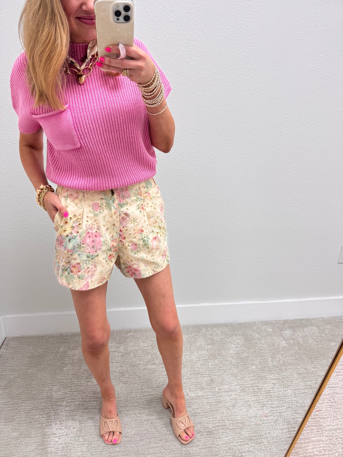 Cream Eyelet Denim Shorts with Floral Print