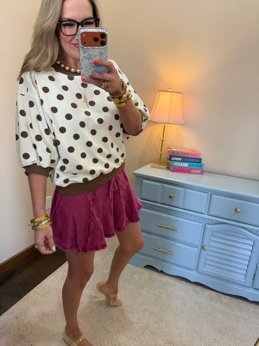 Beige Round Neck Bubble Sleeve Polka Dot Short Sleeve