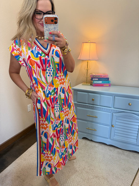 Multi Color Geo Print Midi Dress