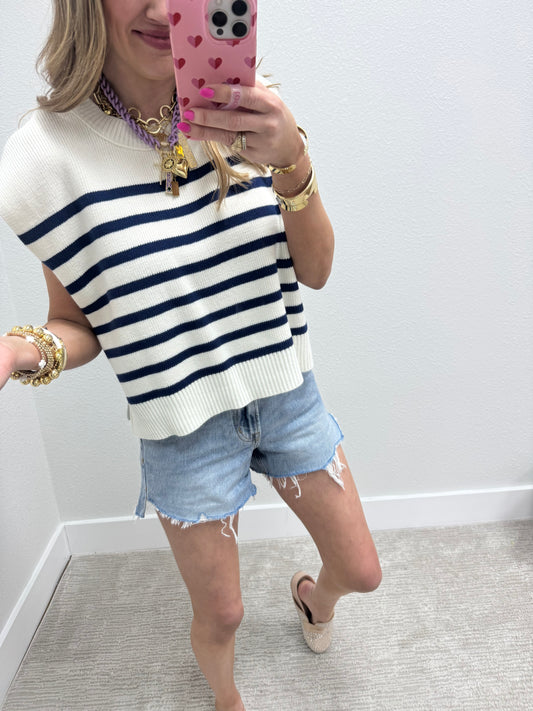 Navy and Cream Striped Sweater Vest Top