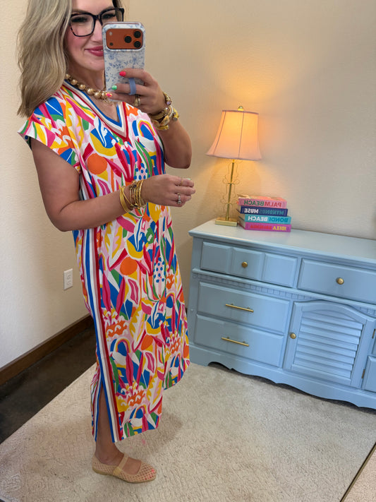 Multi Color Geo Print Midi Dress