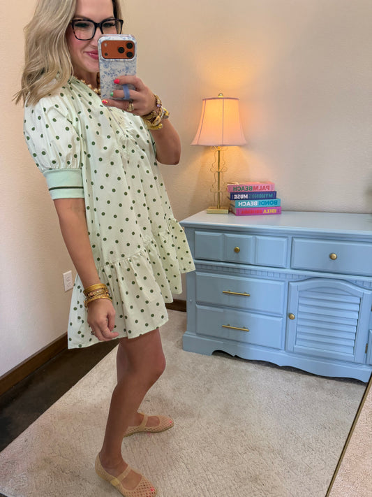 Sage Front Zip Band Puff Sleeve Mini Dres