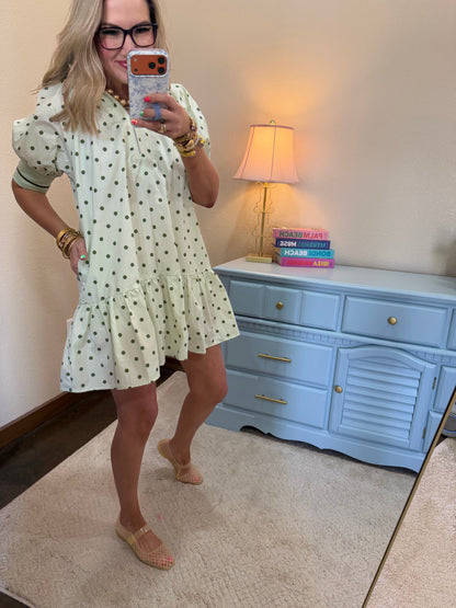 Sage Front Zip Band Puff Sleeve Mini Dres