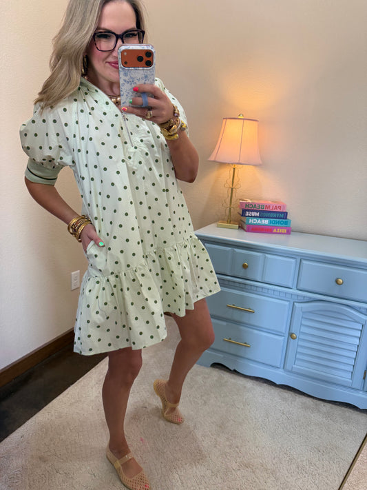 Sage Front Zip Band Puff Sleeve Mini Dres