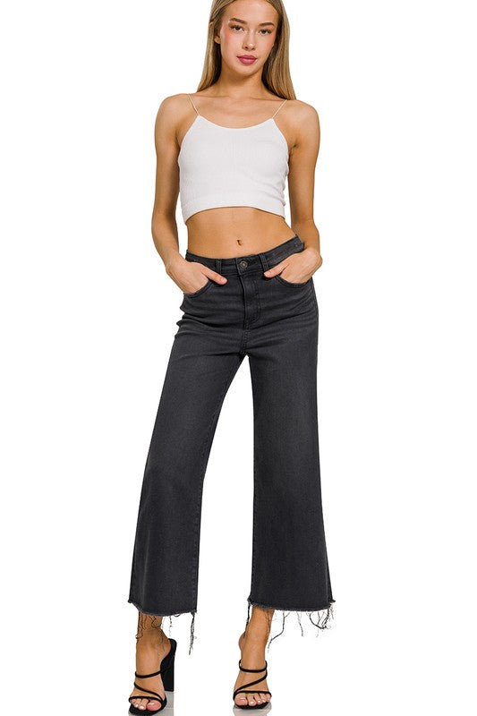 Washed Black Crop Wide Leg Jeans