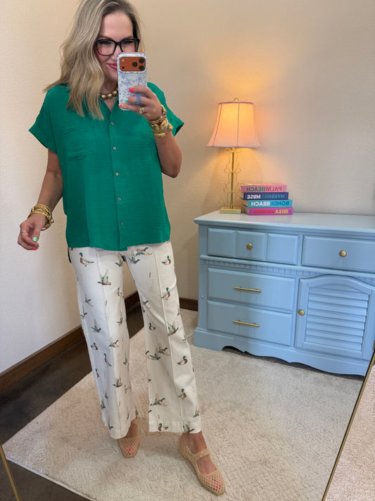 Kelly Green Woven Airflow Button Down Shirt