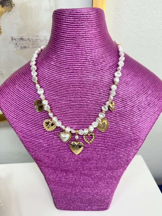 Pearl Beaded Heart Charm Necklace